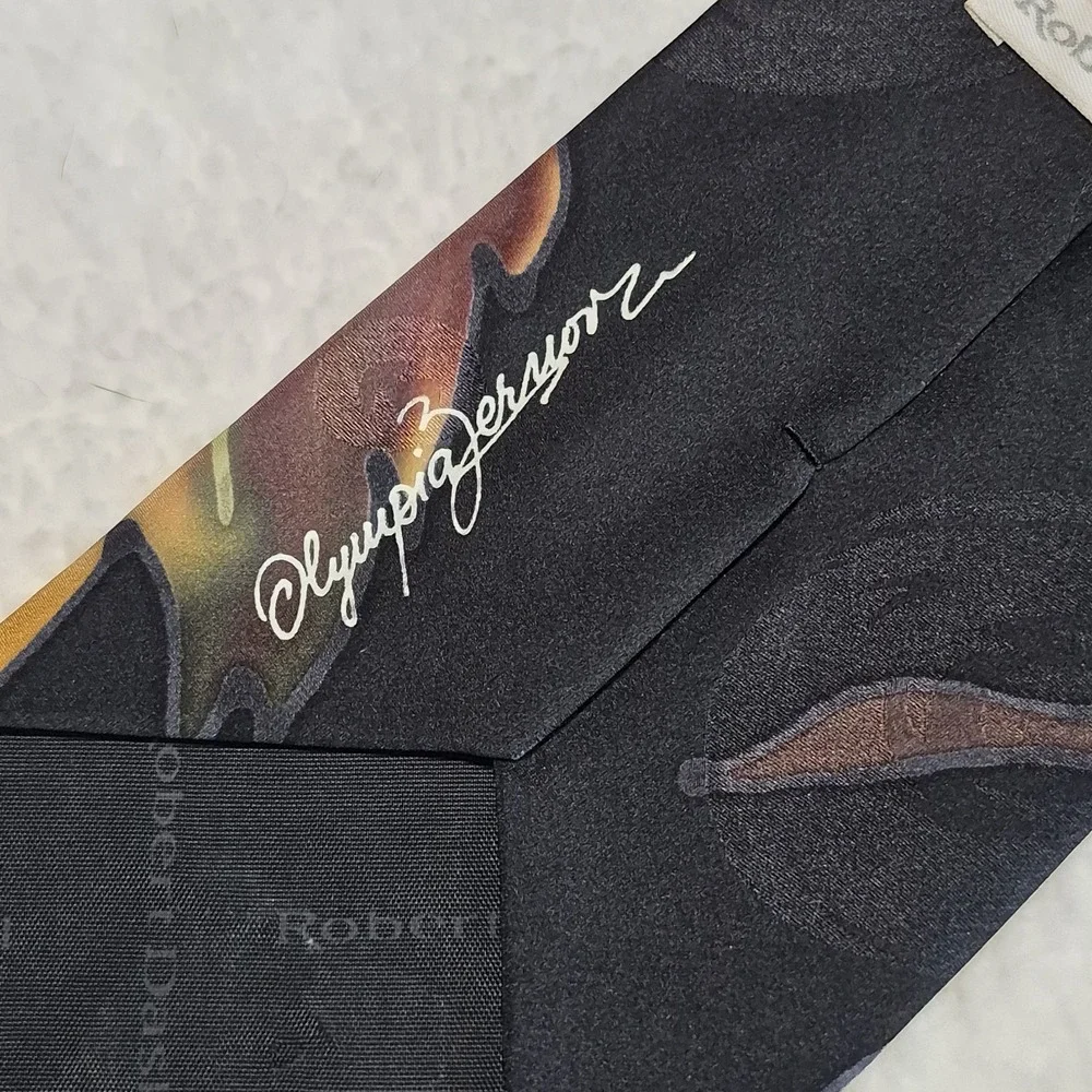 Robert Daskal Silk Tie Olympia Zernovaya Black Purple Gold Leaf Design 58